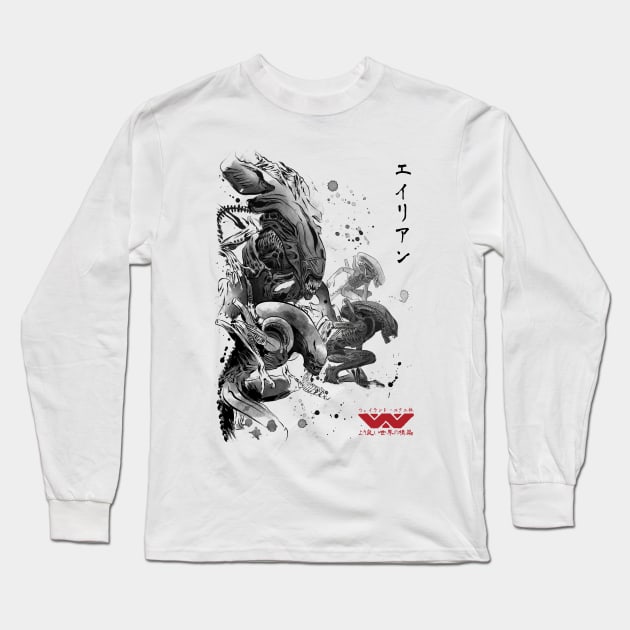 Xenomorph invasion sumi-e Long Sleeve T-Shirt by DrMonekers